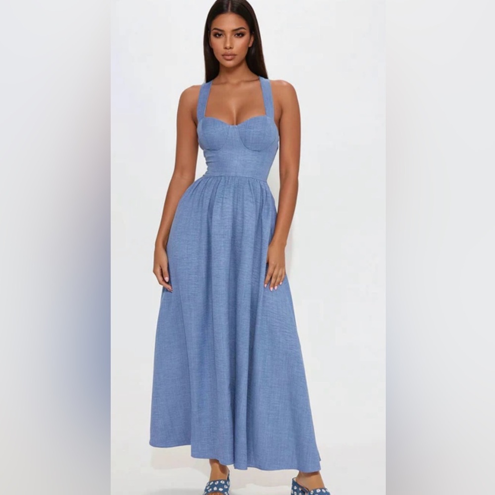 Fashion Nova Chambray Blue Strapless Sweetheart Maxi Dress